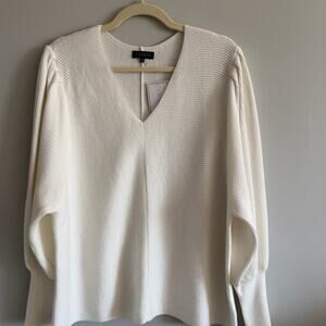 1.STATE Cream V Neck Ribbed Cotton Blend Balloon Sleeve Soft Feminine Top NWT